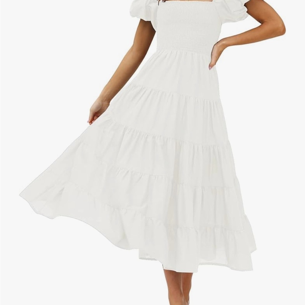 NWT Zesica women  summer White Smocked flowy Tiered Midi square neck Sundress